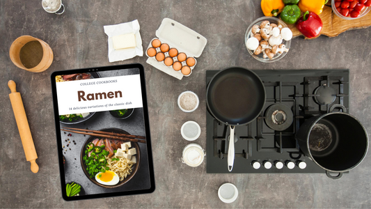 A Ramen College Cookbook tablet packed with delicious ramen recipes by Wondermom Wannabe.