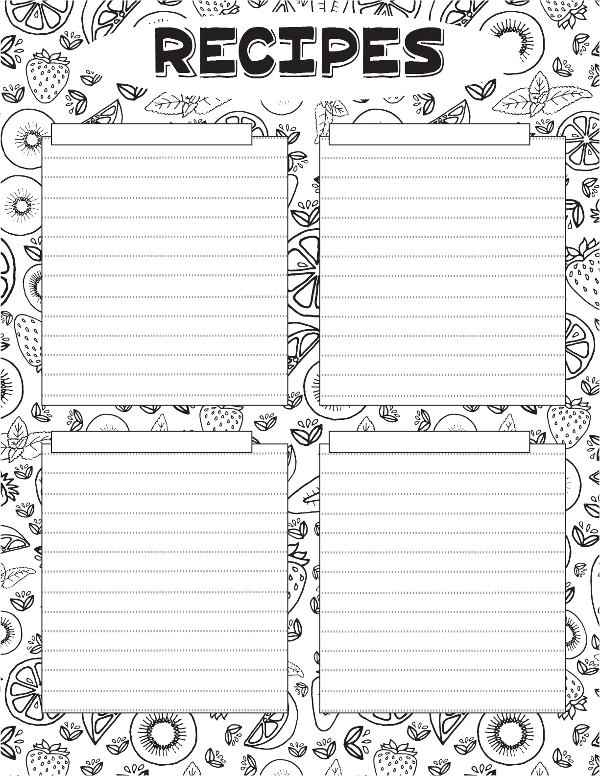 A black-and-white printable recipe page with four lined boxes and food doodles, titled "RECIPES." Perfect to use with your Wondermom Shop Healthy Habits Journal.
