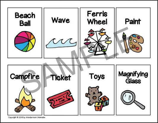 Illustrated cards labeled Beach Ball, Wave, Ferris Wheel, Paint, Campfire, Ticket, Toys, and Magnifying Glass feature corresponding images such as a beach ball and a wave. This printable activity set from VIP Vault called Forehead Game Cards makes for a fun and engaging digital product similar to Hedbanz cards.
