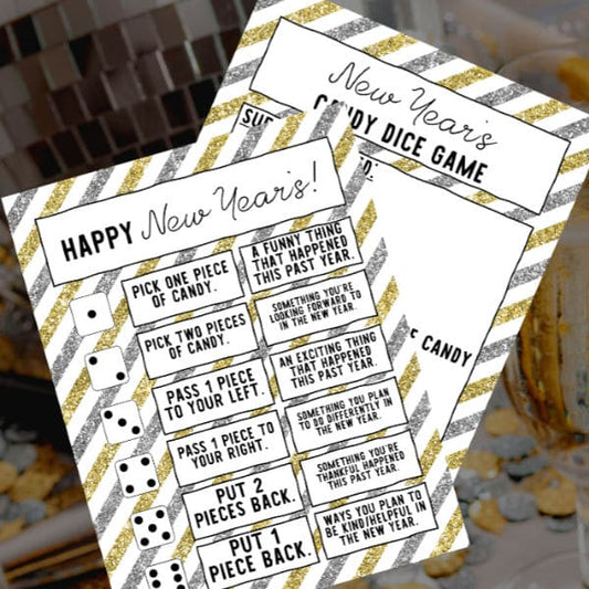 VIP Vault presents the New Year Dice Game for Kids: two digitally themed cards featuring candy dice game instructions, complete with vibrant stripes and playful dice illustrations. They're the perfect festive activity to add fun to any holiday celebration.