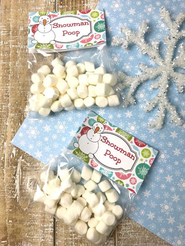 Two bags of marshmallows with VIP Vault's Snowman Poop Treat Bag Labels.