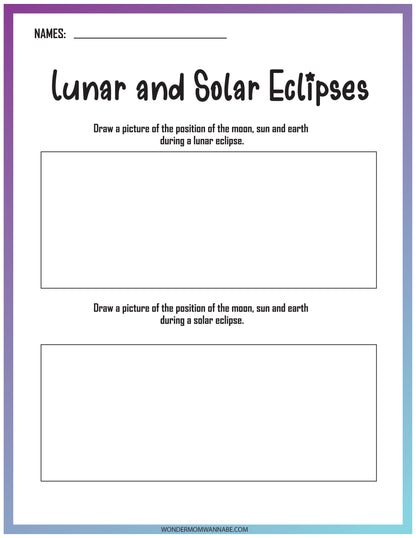 Worksheet titled "Lunar and Solar Eclipse Activity Set" with spaces for drawing the position of the moon, sun, and earth during Lunar Eclipse and Solar Eclipse by Wondermom Shop.