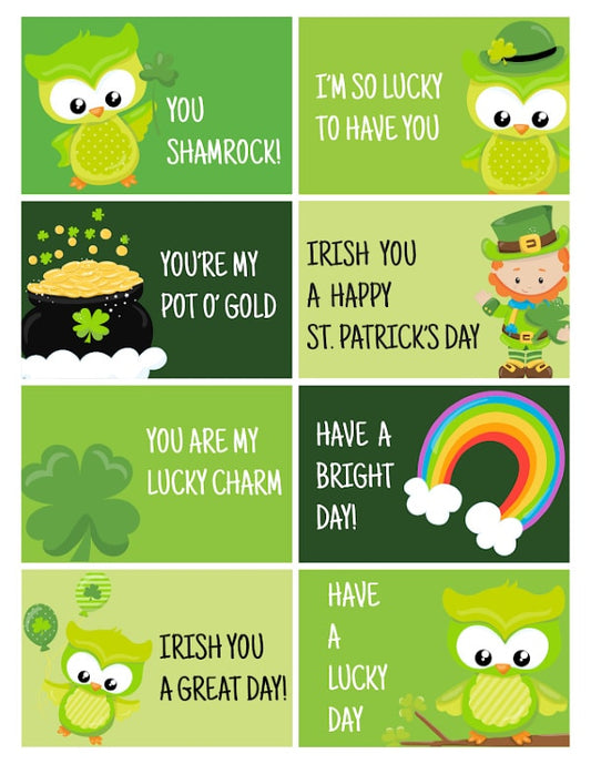 VIP Vault's "St. Patrick’s Day Lunch Notes for Kids" are digital cards featuring charming owls, rainbows, and shamrocks with phrases like "You're my pot o' gold," perfect for printing as festive lunch box notes!.