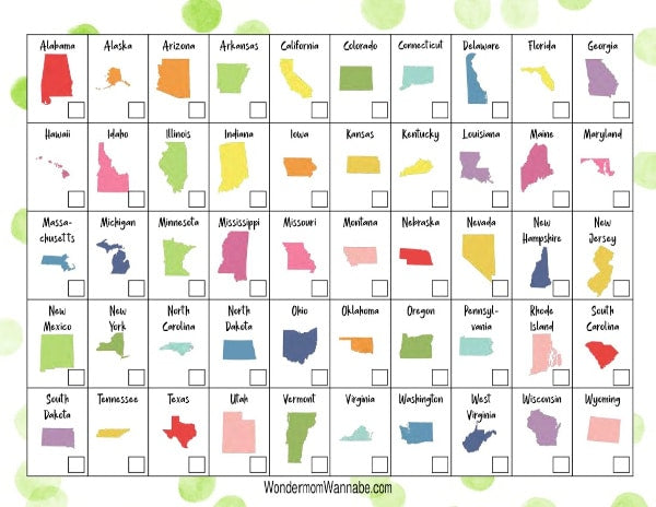 Colorful digital map showing the U.S. states with each state labeled and depicted in a different color, designed for the VIP Vault State License Plate Game.
