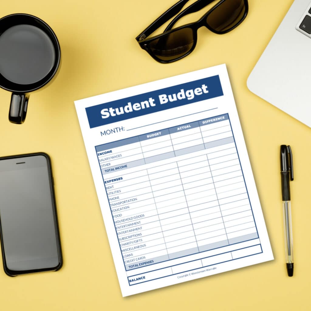 A College Student Budget Template on a yellow background by VIP Vault.