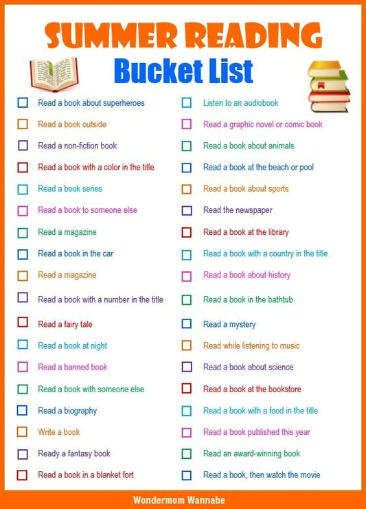 A colorful "VIP Vault Summer Reading Bucket List" digital product with checkboxes next to various types of reading challenges, each categorized by setting, genre, or format, framed by a book and a sandwich graphic.