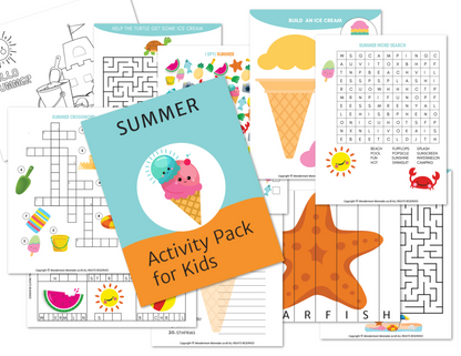 The Wondermom Shop’s Summer Activity Kit for Kids is a digital pack with summer-themed puzzles, mazes, word searches, and coloring pages. Printable kit includes a cover titled "SUMMER Activity Pack for Kids.