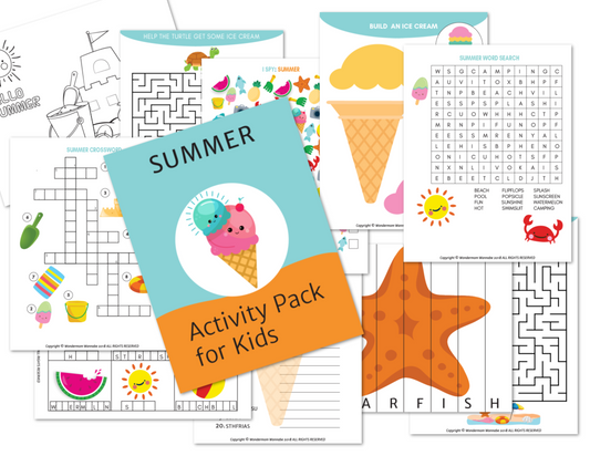 The Wondermom Shop’s Summer Activity Kit for Kids is a digital pack with summer-themed puzzles, mazes, word searches, and coloring pages. Printable kit includes a cover titled "SUMMER Activity Pack for Kids.