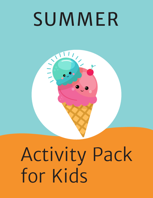 Colorful illustration of an ice cream cone with smiling faces and "Summer Activity Kit for Kids" text. From Wondermom Shop, this printable kit offers fun games for endless summer joy—a perfect digital activity pack!.