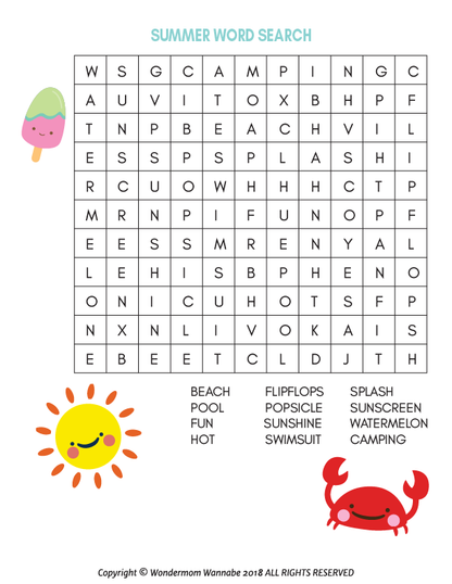 Enjoy a summer-themed word search from the Wondermom Shop's Summer Activity Kit for Kids, featuring fun words like "beach," "camping," and "sunshine" with cute popsicle, sun, and crab illustrations—perfect for kids’ games!.
