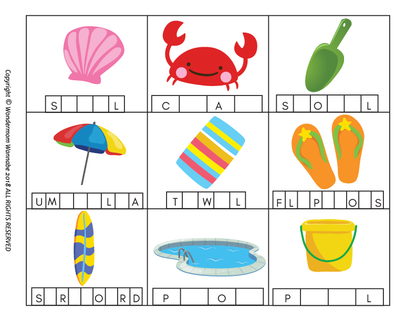 The Wondermom Shop Summer Activity Kit for Kids features a fun worksheet with nine beach-themed boxes and incomplete words—great for kids' games! Includes shell, crab, shovel, umbrella, towel, flip flops, surfboard, pool, and pail.