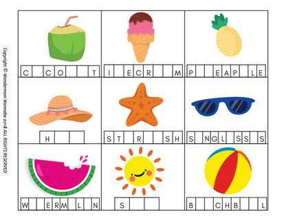 The Wondermom Shop Summer Activity Kit for Kids includes a printable word puzzle game with missing-letter words and images like coconut, ice cream, pineapple, hat, starfish, sunglasses, watermelon, sun, and beach ball.