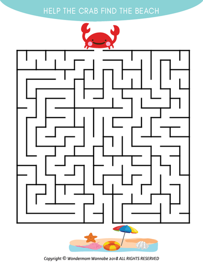 Guide the cartoon crab through a fun maze from the Wondermom Shop’s Summer Activity Kit for Kids—help it reach the sunny beach! Perfect digital activity for children’s games and summer fun.