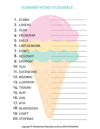 The Summer Activity Kit for Kids by Wondermom Shop includes a fun, summer-themed word scramble worksheet with a pastel ice cream cone, 20 scrambled words, and answer lines—perfect for kids’ games and printable play.
