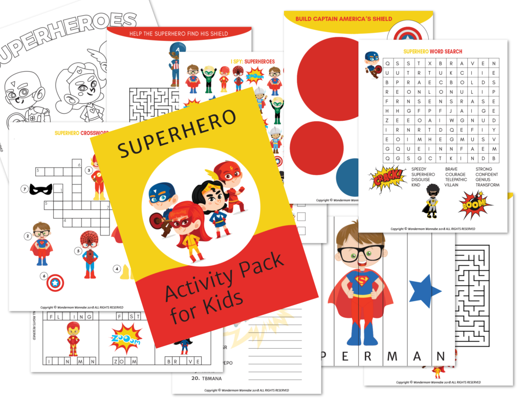 Preview of a printable superhero activity kit for kids with a cover page, mazes, puzzles, coloring pages, and superhero-themed activities.