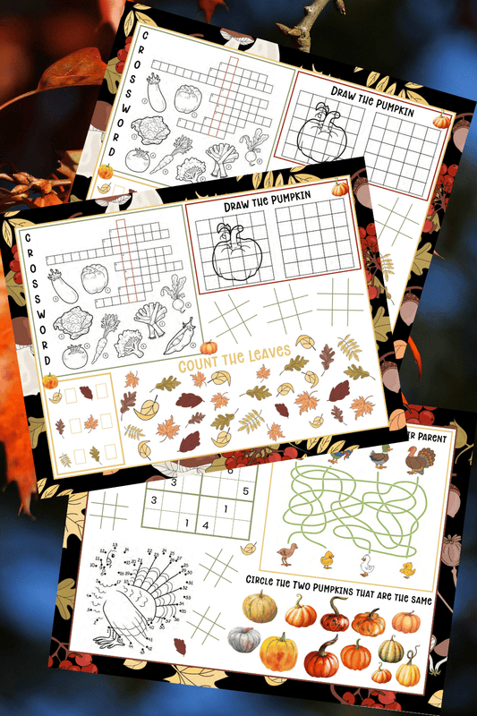 Explore the VIP Vault Thanksgiving Placemats, a charming digital set with crosswords, drawing grids, leaf counting, pumpkin matching, and a maze. Ideal for entertaining kids while the festive placemats enhance your autumn gathering!.