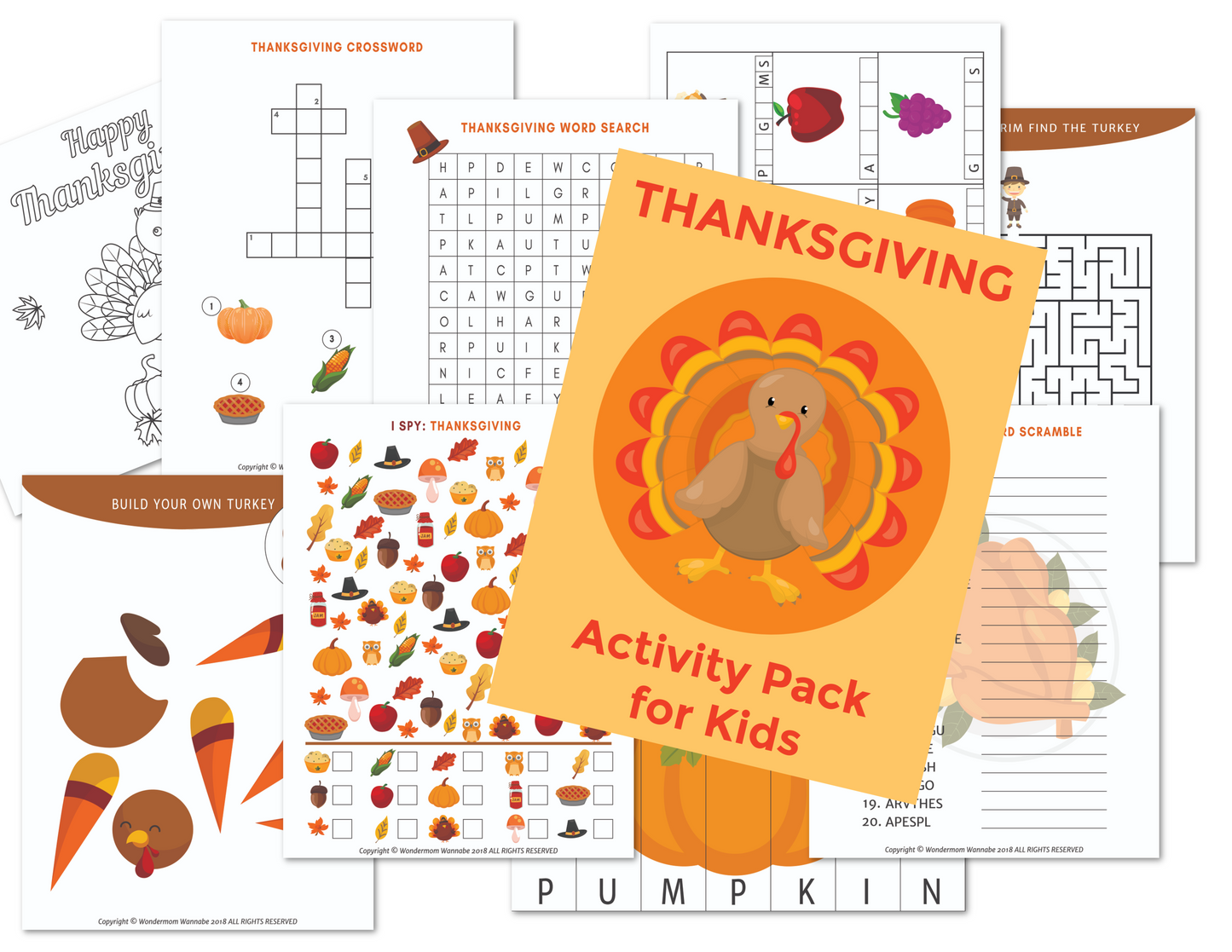Introducing the Wondermom Shop's Printable Thanksgiving Activity Book for Kids – an engaging holiday activity book filled with printable activities such as a word search, crossword puzzle, coloring pages, and a "build your own turkey" craft.