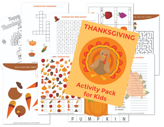 Introducing the Wondermom Shop's Printable Thanksgiving Activity Book for Kids – an engaging holiday activity book filled with printable activities such as a word search, crossword puzzle, coloring pages, and a "build your own turkey" craft.