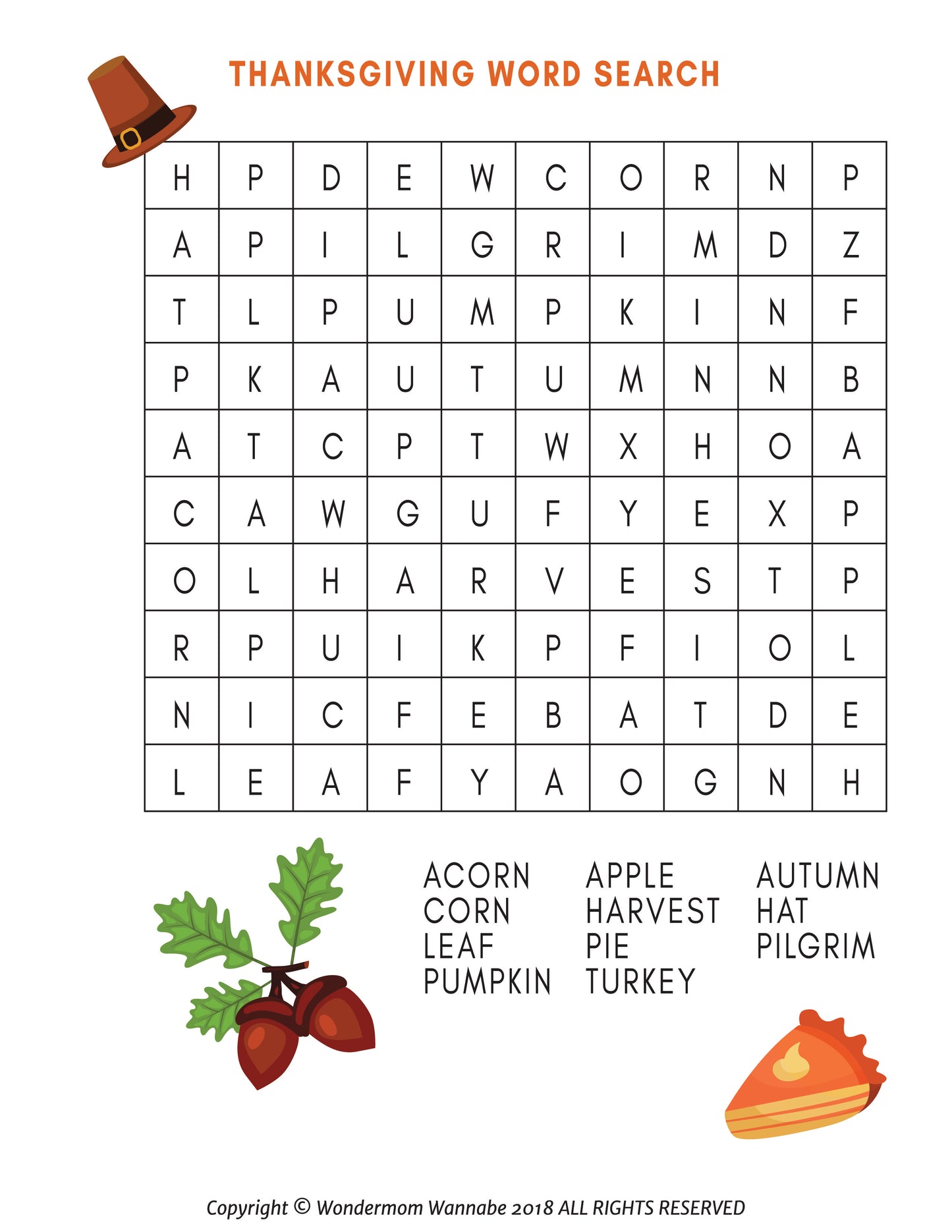 The "Printable Thanksgiving Activity Book for Kids" by Wondermom Shop features a festive word search puzzle with Thanksgiving-themed words such as "ACORN," "CORN," "LEAF," "PUMPKIN," "APPLE," "HARVEST," "PIE," and "TURKEY." Adorned with charming Thanksgiving icons, this activity book is an ideal addition to kids' holiday festivities and a printable option guaranteed to keep them entertained.