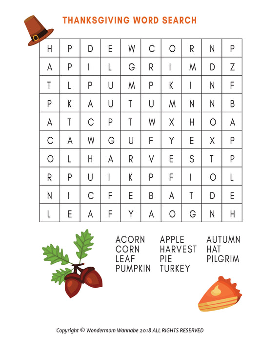 The "Printable Thanksgiving Activity Book for Kids" by Wondermom Shop features a festive word search puzzle with Thanksgiving-themed words such as "ACORN," "CORN," "LEAF," "PUMPKIN," "APPLE," "HARVEST," "PIE," and "TURKEY." Adorned with charming Thanksgiving icons, this activity book is an ideal addition to kids' holiday festivities and a printable option guaranteed to keep them entertained.