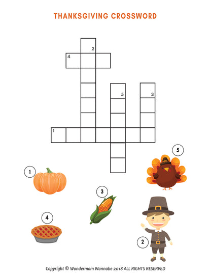 The "Printable Thanksgiving Activity Book for Kids" by Wondermom Shop features a Thanksgiving-themed crossword puzzle adorned with images of a pumpkin, pie, corn, pilgrim, and turkey. These images are numbered 1 to 5 to correspond with the crossword clues, making it an excellent inclusion for any children's Thanksgiving activity book.