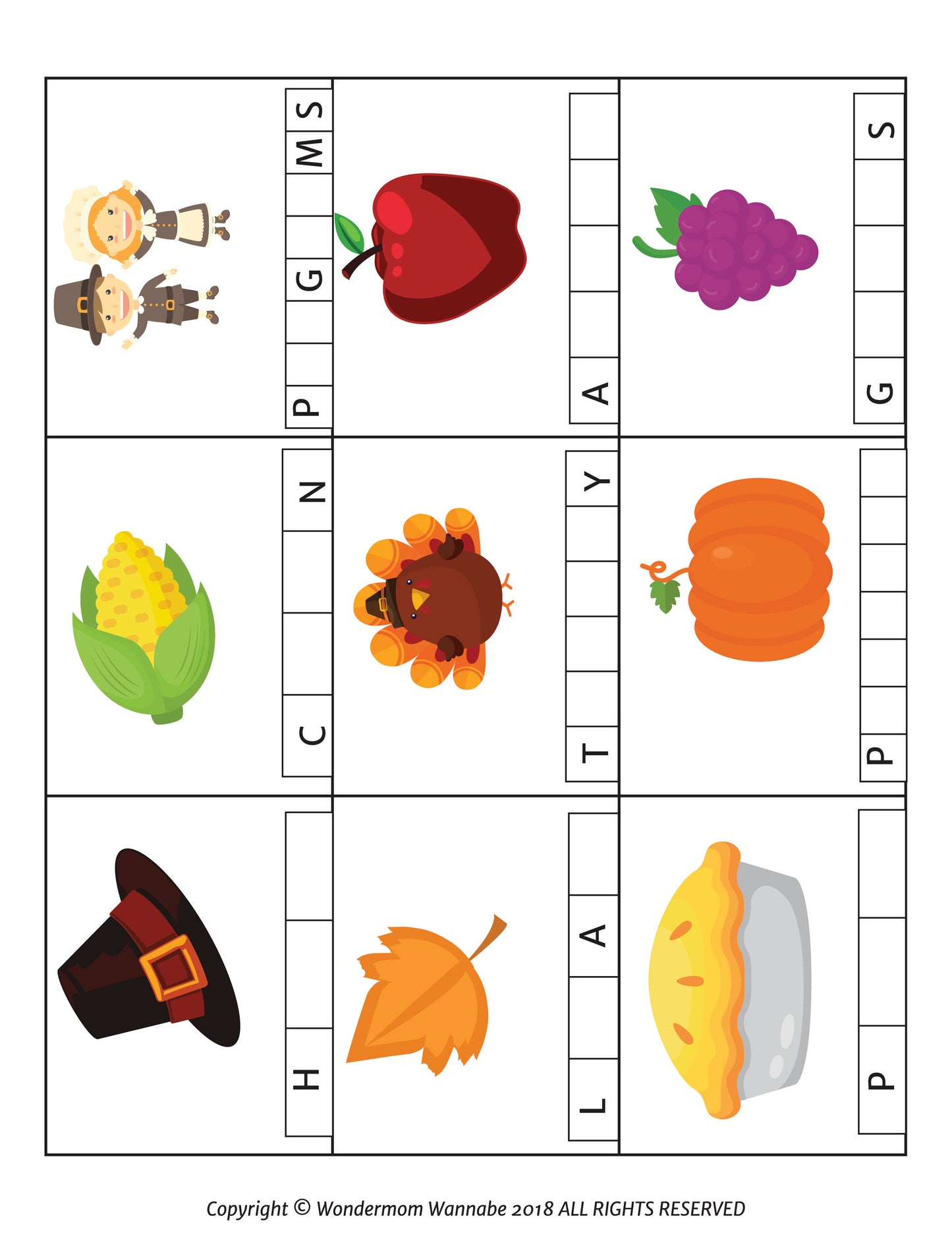 The Printable Thanksgiving Activity Book for Kids by Wondermom Shop includes a Thanksgiving-themed crossword puzzle ideal for engaging children, featuring images of pilgrims, a cherry, grapes, corn, a turkey, pumpkin, pilgrim hat, leaf, and pie. Each image is associated with a crossword grid to provide fun and interactive printable Thanksgiving activities.