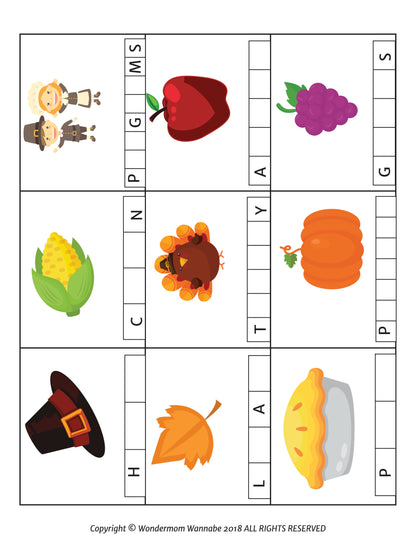 The Printable Thanksgiving Activity Book for Kids by Wondermom Shop includes a Thanksgiving-themed crossword puzzle ideal for engaging children, featuring images of pilgrims, a cherry, grapes, corn, a turkey, pumpkin, pilgrim hat, leaf, and pie. Each image is associated with a crossword grid to provide fun and interactive printable Thanksgiving activities.
