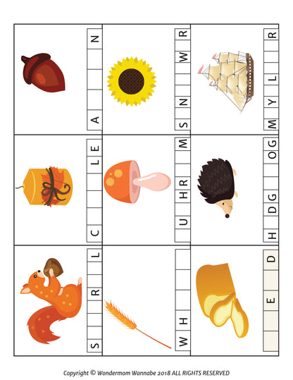 Check out the Printable Thanksgiving Activity Book for Kids from Wondermom Shop! One of the engaging puzzle worksheets inside features a grid with images such as an acorn, sunflower, ship, gift, mushroom, hedgehog, squirrel, wheat, and a bell. Some letters are provided to help kids complete the words. It's the perfect addition to children's Thanksgiving activities for fun and learning!