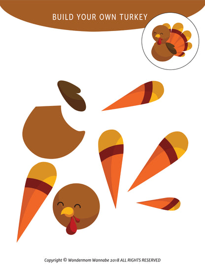 Image of the "Printable Thanksgiving Activity Book for Kids" by Wondermom Shop, featuring a "Build Your Own Turkey" activity with various brown and orange parts to assemble a paper turkey. The set includes a body, head, tail feathers, beak, and hat—perfect for kids' Thanksgiving activities or as part of a fun-packed printable activity book.