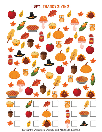 The "Printable Thanksgiving Activity Book for Kids" from Wondermom Shop includes a colorful "I Spy: Thanksgiving" activity sheet, perfect for children's Thanksgiving activities, featuring various autumn-themed items such as pumpkins, pies, acorns, apples, and leaves with a grid at the bottom for tracking finds.