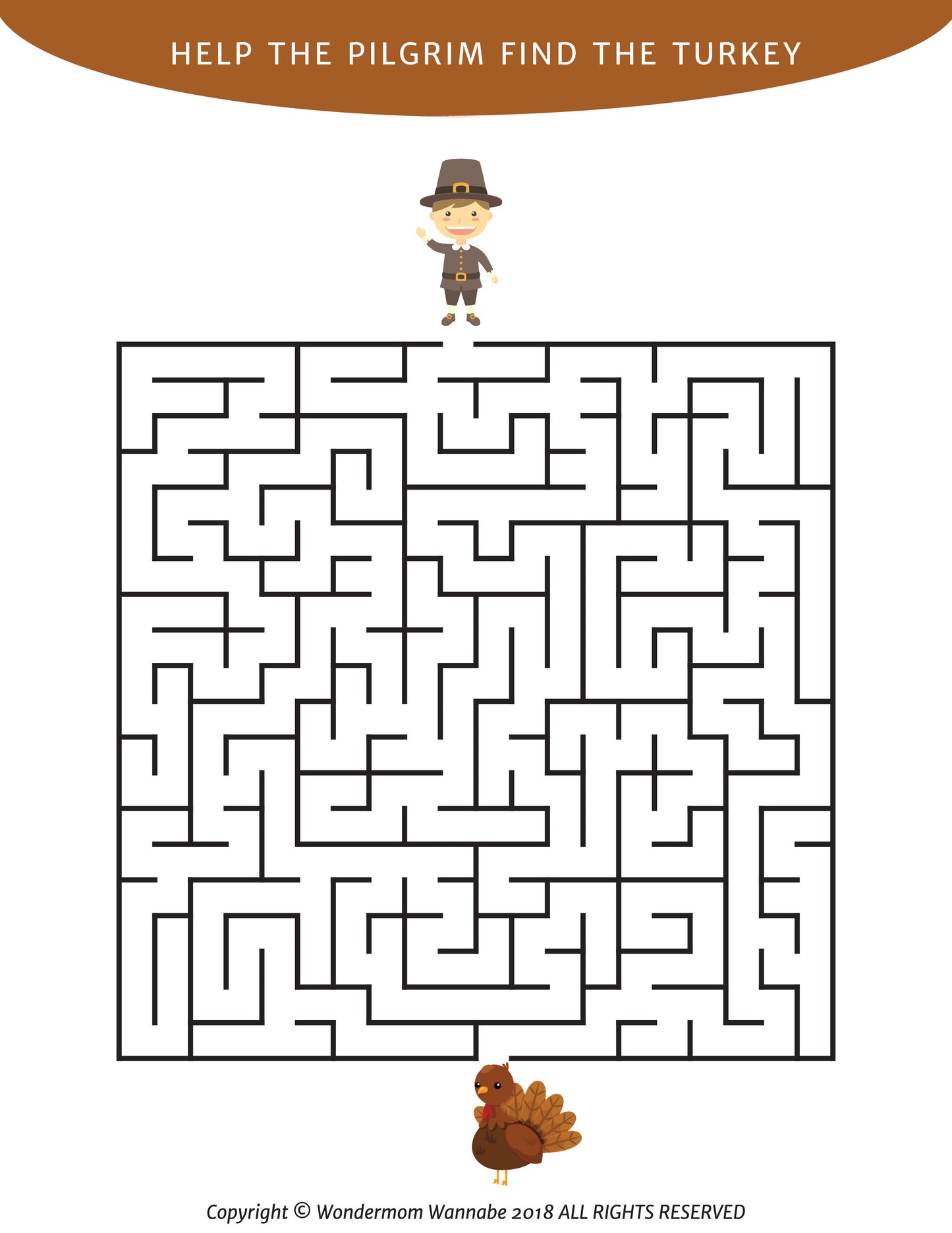 The Printable Thanksgiving Activity Book for Kids from Wondermom Shop includes a maze puzzle where children can help a pilgrim at the top navigate through the maze to reach a turkey at the bottom, making it a fun and engaging addition to any Thanksgiving celebration.