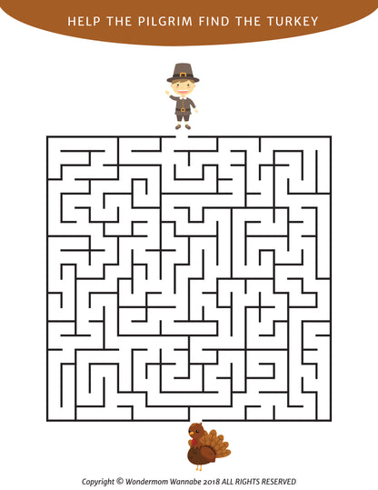 The Printable Thanksgiving Activity Book for Kids from Wondermom Shop includes a maze puzzle where children can help a pilgrim at the top navigate through the maze to reach a turkey at the bottom, making it a fun and engaging addition to any Thanksgiving celebration.