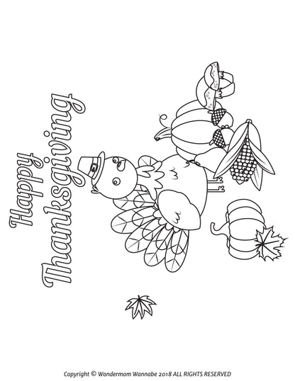 The Printable Thanksgiving Activity Book for Kids by Wondermom Shop features a Happy Thanksgiving coloring sheet with a turkey wearing a hat, surrounded by pumpkins, corn, and leaves. It's perfect for kids' Thanksgiving activities or as part of your festive activity book!