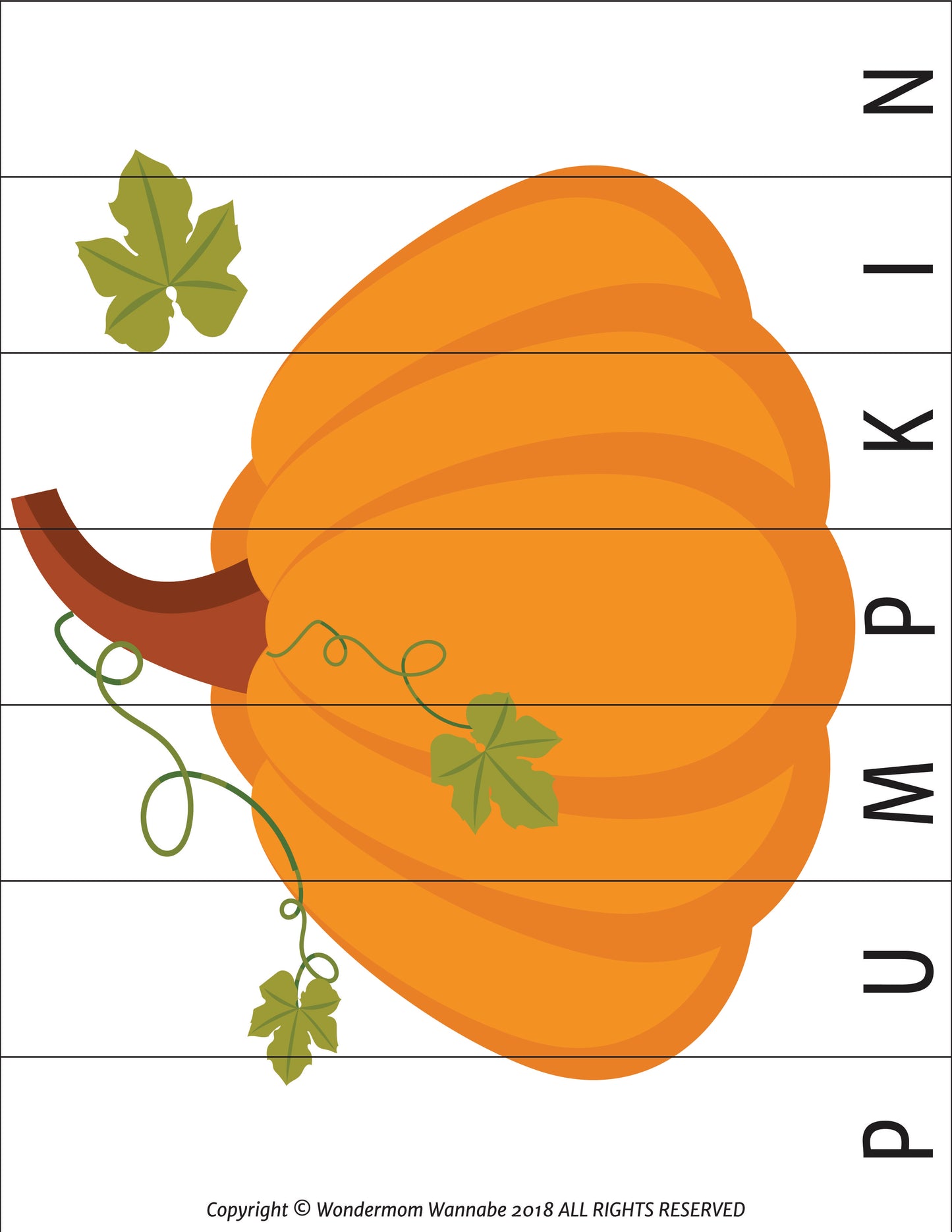 Illustration of an orange pumpkin with green leaves and a vine, set against a white background with the word "PUMPKIN" vertically aligned on the right side. This charming image is perfect for an activity page in the Printable Thanksgiving Activity Book for Kids by Wondermom Shop.
