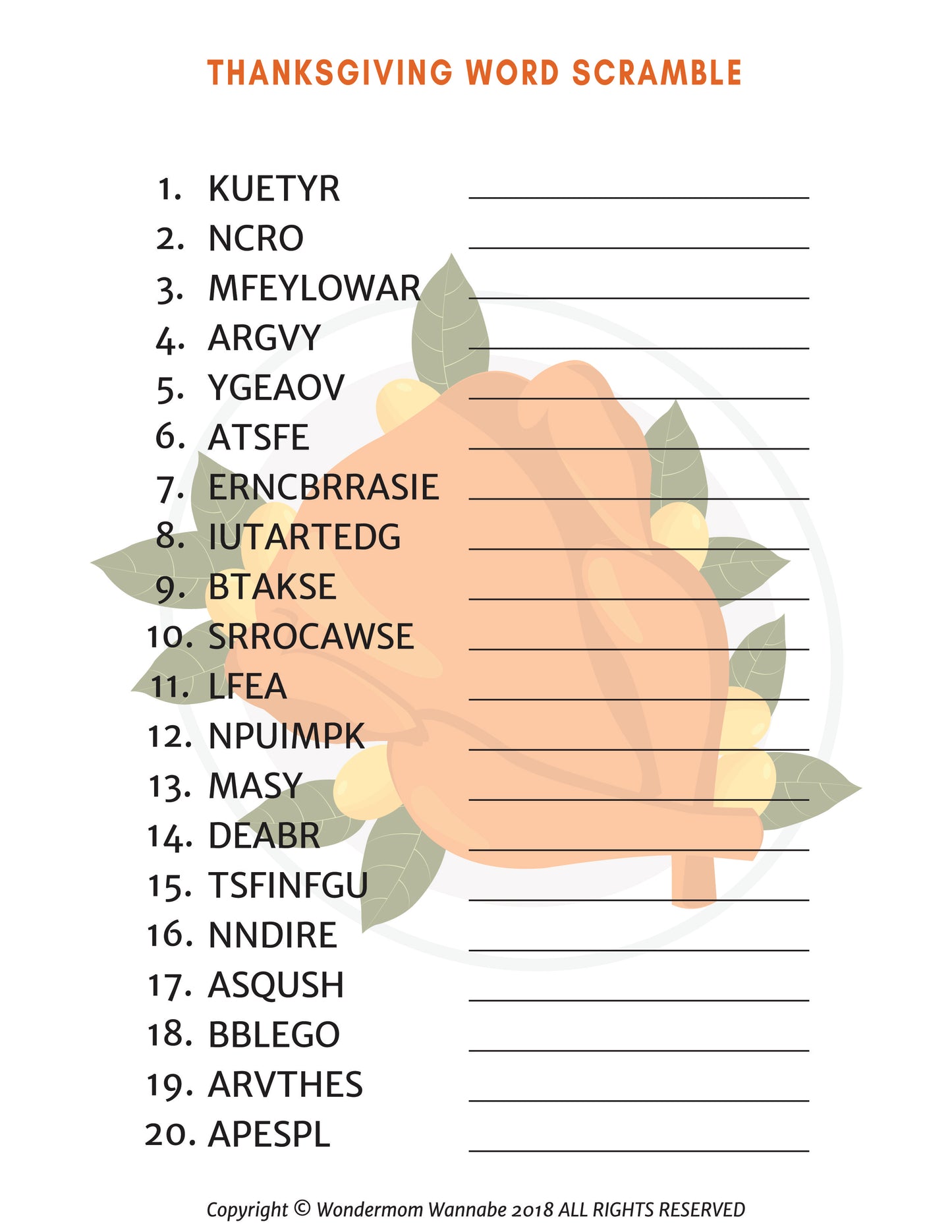 Introducing the Printable Thanksgiving Activity Book for Kids from Wondermom Shop, featuring a Thanksgiving-themed word scramble list with 20 jumbled words to decipher. Perfect for children's Thanksgiving activities, this engaging printable boasts a charming background decorated with a pumpkin and leaves.