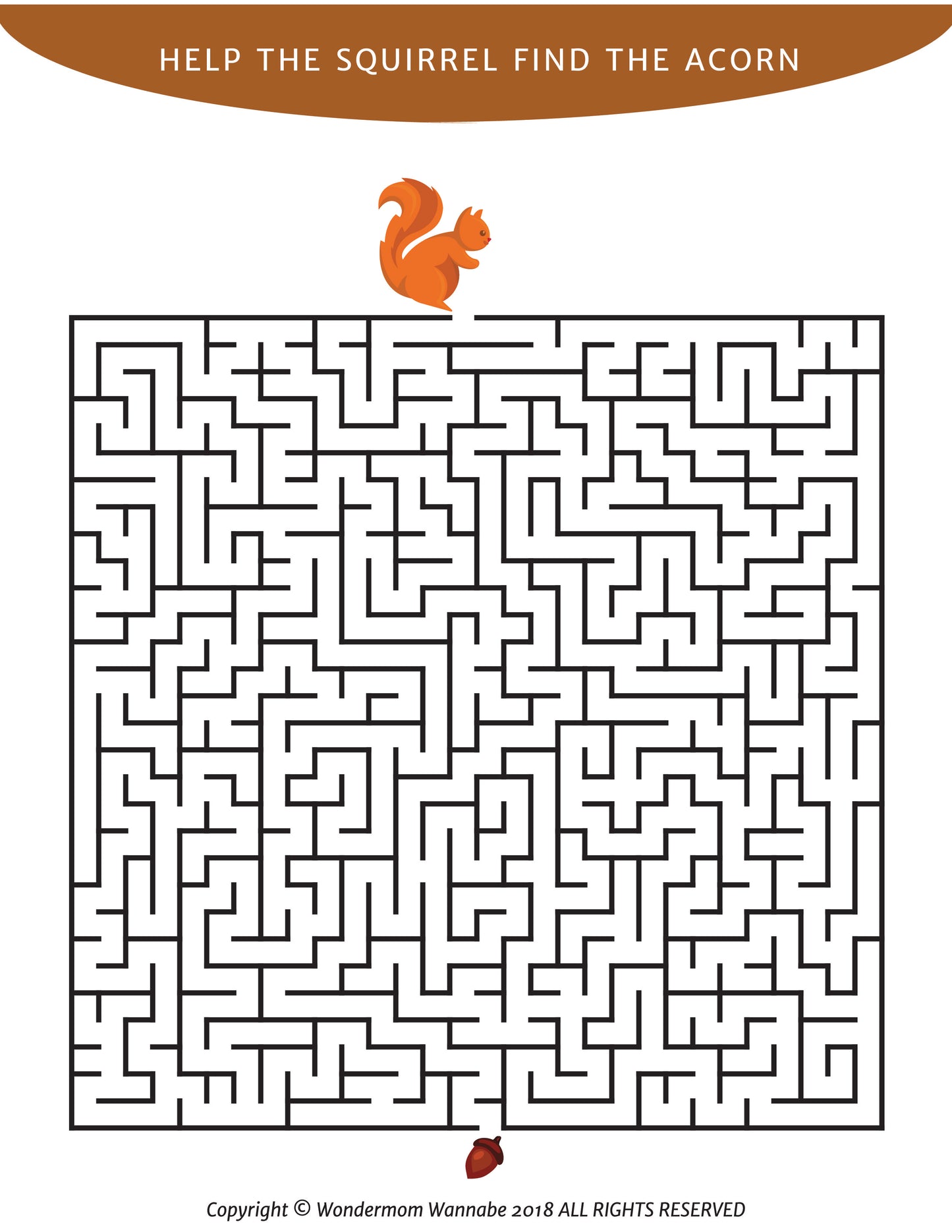 The Printable Thanksgiving Activity Book for Kids by Wondermom Shop features a maze puzzle where the goal is to help a squirrel find its way from the top center of the maze to the acorn at the bottom center—a perfect addition to your kids' Thanksgiving activities.