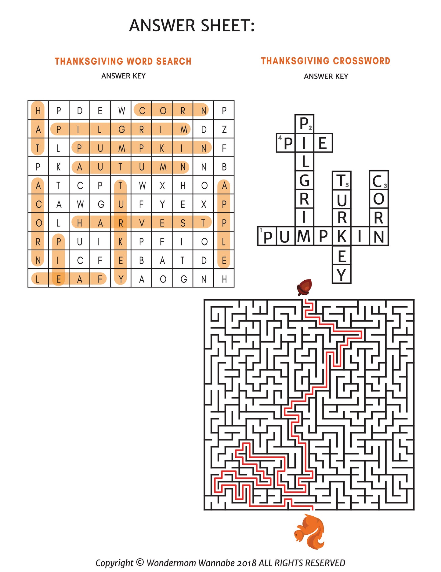 An image from the Printable Thanksgiving Activity Book for Kids by Wondermom Shop shows answer keys for a Thanksgiving word search, crossword, and maze puzzle. In the word search, the words are highlighted in orange, and in both the maze and crossword puzzles, the correct paths are traced. This is perfect for kids' Thanksgiving activities or adding to your printable Thanksgiving activities collection.