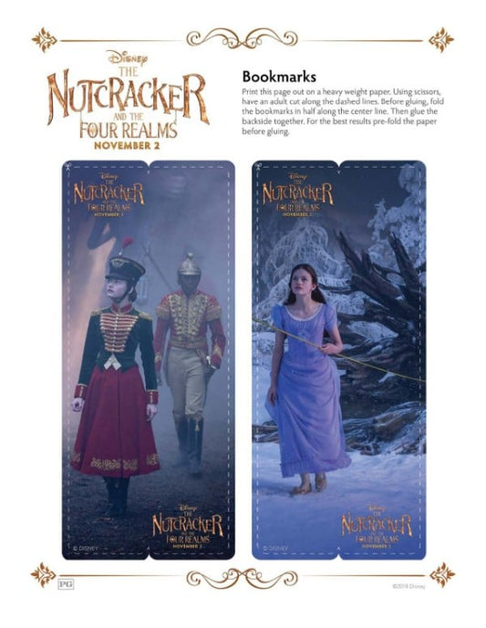 Two bookmarks from "The Nutcracker and the Four Realms" feature a soldier and a woman in lavender. This VIP Vault digital kit, "The Nutcracker Coloring Pages and Activities," includes cutting and gluing instructions for your printable activity set.
