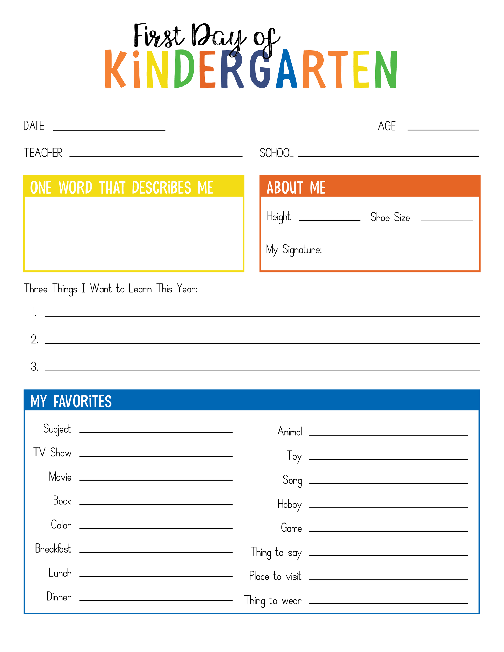 The "First Day of School Time Capsule" by Wondermom Shop is an ideal worksheet for documenting personal information, favorite things, and learning goals. This digital product also serves as a wonderful First Day of Kindergarten keepsake.
