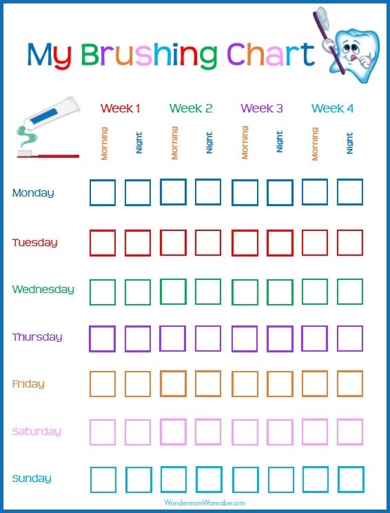 A VIP Vault printable tooth brushing chart for kids dental hygiene with colorful squares.