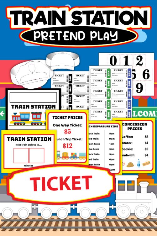 The Train Station Pretend Play Kit from Wondermom Shop includes everything you need for endless imaginative play: conductor hats, tickets, clock cards, arrival/departure times, ticket prices, and concession prices set against a colorful backdrop with a toy train. This digital product features printable items perfect for hours of fun.