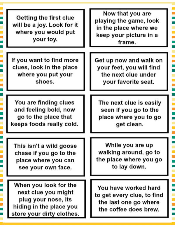 A set of Treasure Hunt Clues for Kids worksheets from VIP Vault with different words on them.