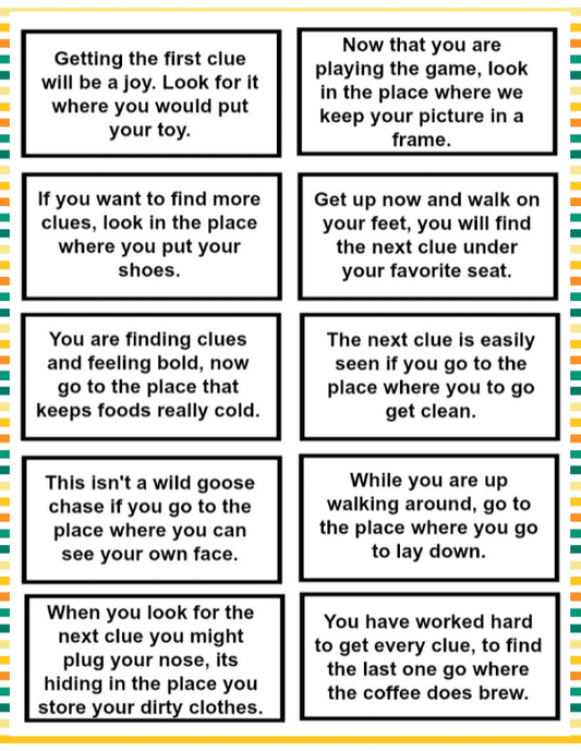 A set of Treasure Hunt Clues for Kids worksheets from VIP Vault with different words on them.