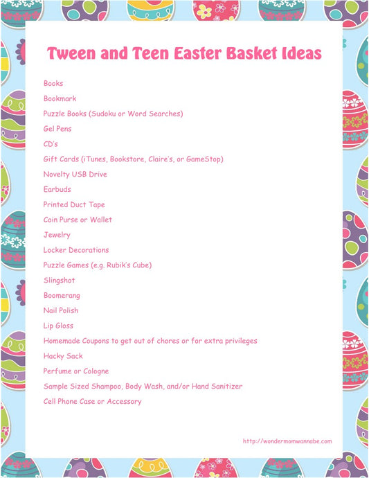 Explore VIP Vault's "Tween and Teen Easter Basket Idea," offering a vibrant selection of books, earbuds, gift cards, nail polish, and digital products on a colorful egg-themed backdrop to delight any recipient this holiday season.