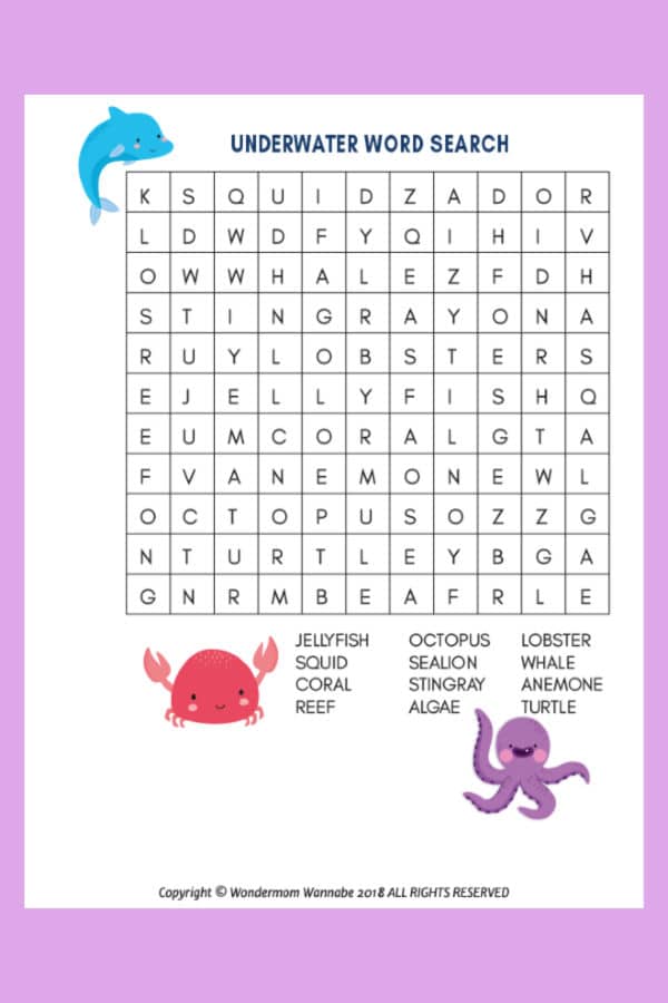 Under the Sea Word Search for Kids