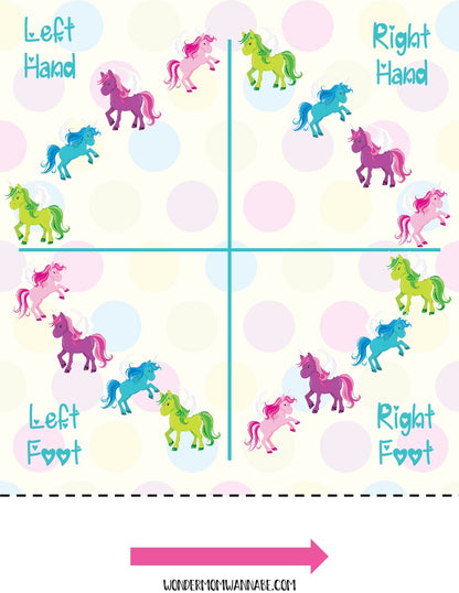 The "Unicorn Party Game Pack" from Wondermom Shop features a printable mat decorated with colorful unicorns and labels for "Left Hand," "Right Hand," "Left Foot," and "Right Foot." A clockwise spin indicator arrow at the bottom makes it an ideal digital product for fun-filled gatherings.