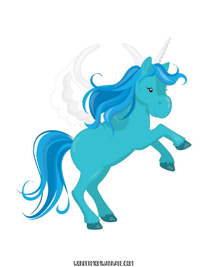 A teal-colored unicorn with a blue mane and tail, featuring white wings and a horn, stands on its hind legs. Perfect for the Unicorn Party Game Pack by Wondermom Shop, the watermark at the bottom reads "WONDEROMOMWANNABE.COM".