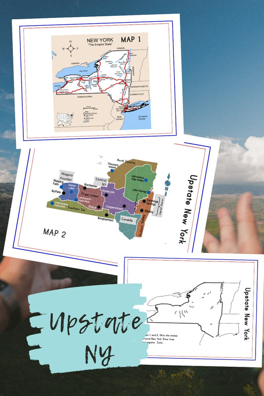 Collage displaying three maps of Upstate New York, each emphasizing various details and regions, with two hands visible in the background reaching toward a picturesque landscape. The caption reads: "Upstate New York Travel Guide and Activity Kit for Kids" by Wondermom Shop.