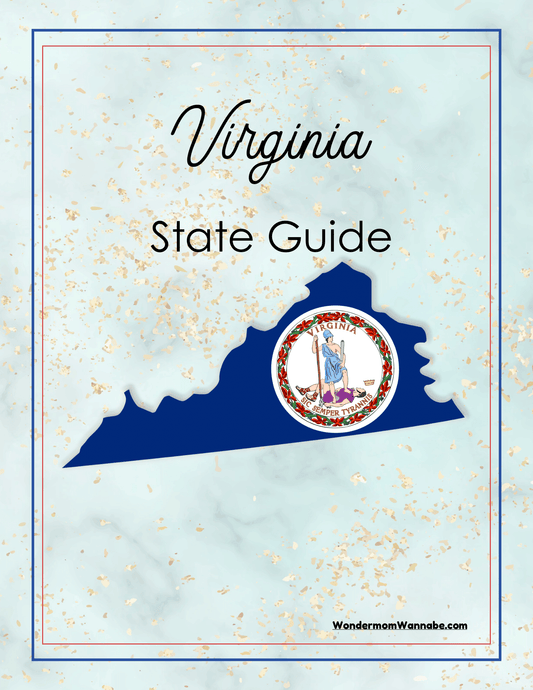 Cover of the "Virginia Travel Guide and Activity Kit for Kids" by Wondermom Shop, showcasing a blue outline of Virginia with the official state seal against a marble background. This comprehensive guide is titled "Virginia State Guide" and includes details on activities throughout Virginia, making it your ultimate printable travel resource for exploring the state with kids.
