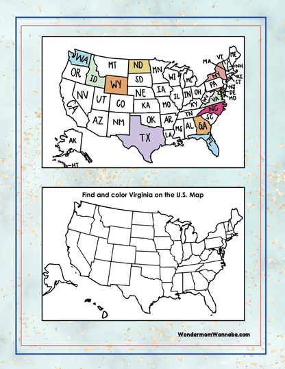 Top image is a color-coded map of the United States. Bottom image, from the Virginia Travel Guide and Activity Kit for Kids by Wondermom Shop, is a blank U.S. map with instructions to find and color Virginia.